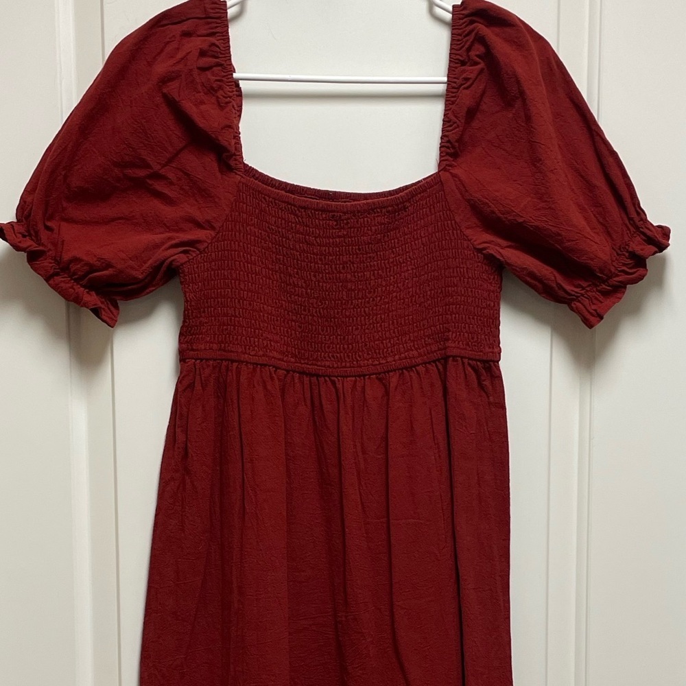 R Vivimos Sz Large Smocked Peplum Midi Dress in Deep Red Puffy Short Sleeves Y2K